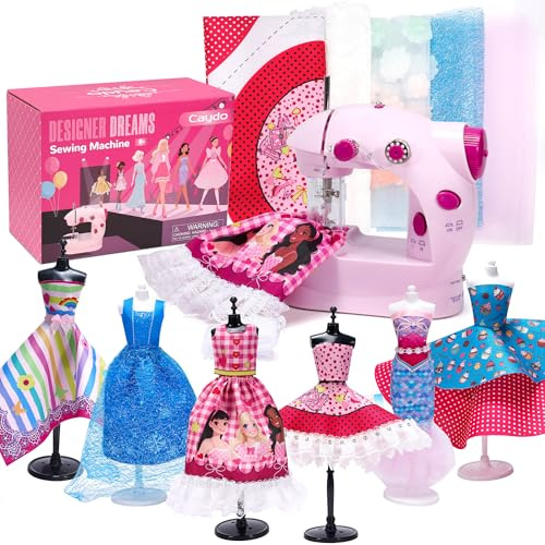 Caydo Mini Máquina de Coser para Principiantes, Kit de Diseñador de Moda 48 Piezas con Máquina de Coser Portátil, Kit Ropa para Muñecas con Accesorios, 2 Maniquíes Regalo Navidad