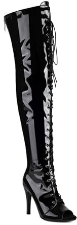 Veelau Meieer Peeptoe Boots Overknee Stiletto Heel High Heels with Lacing & Zip, Black lacquer, 5 UK