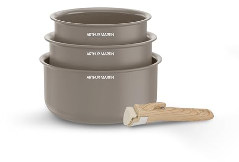 Arthur Martin - Set de 3 Casseroles en Aluminium 2,5 mm, Revêtement Céramique et Poignée Effet Bois, Compatibles Tous Feux Dont Induction, 16-18-20 cm, Marron