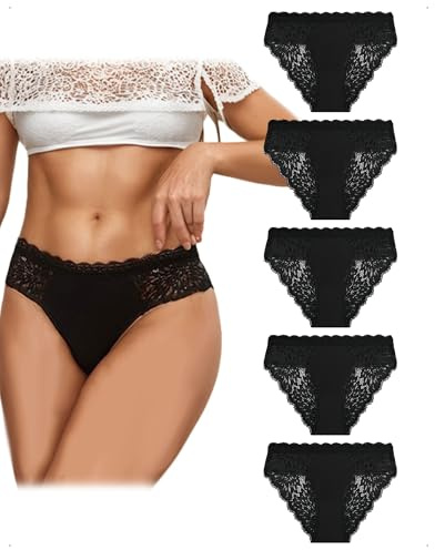 EMOTTOS 5 Piezas Bragas Algodon Mujer, Bragas Sin Costuras Mujer Encaje Cómodo, Braguitas Algodon Mujeres Hipster Transpirable, Pack Braguitas Mujeres Algodón Encaje, Panties Mulher Suave, Negro-B, L