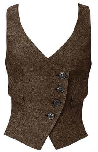 DRAHANCE Women's Suit Vest Herringbone Tweed Business Slim Fit Vintage Waistcoat Lady Sleeveless Jacket Brown