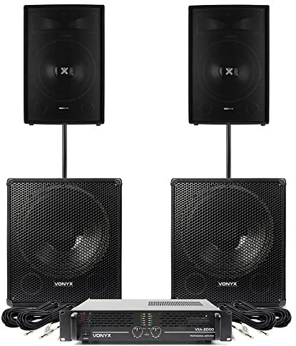 Vonyx SL15 Passive DJ Speaker Kit with Dual 15 Inch Tops, 18 Inch Subwoofers, VXA-2000 Amplifier & Poles - Complete PA System for DJs & Events (2600W)