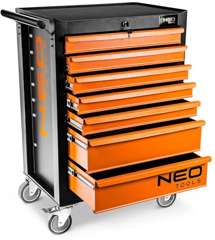 NEO TOOLS Werkzeugschrank 680x460x1030 mm, 7 Werkzeugschubladen, Belastbarkeit 280 kg, öl- und fettbeständiges Oberteil, Zentralverriegelung, Schubladenverriegelung, 5-Lenkrollen mit Feststellern