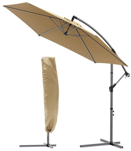 VOUNOT® 3m Cantilever Garden Parasol, Banana Patio Umbrella with Crank Handle and Tilt for Outdoor Sun Shade, Khaki