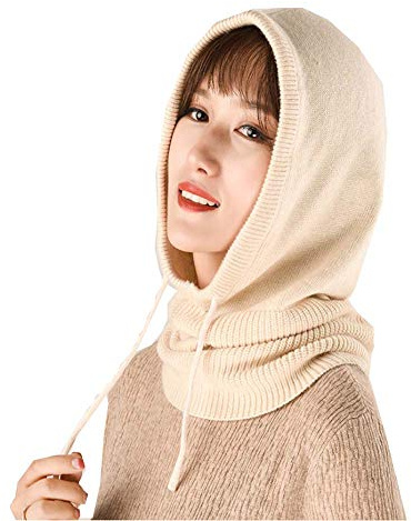 Yekeyi Cagoule d'hiver tricotée en cachemire - Masque de ski - Bonnet d'extérieur pour femme, beige, taille unique