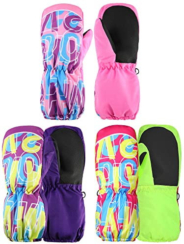 Geyoga 3 Pairs Kids Thicken Snow Mitten Winter Gloves Waterproof Warm Ski Mitten Toddler Boys Girls (Fluorescent Green, Pink, Purple,3-6 Years)