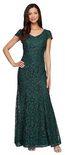 Alex Evenings Women's Long Rosette Mother of The Bride Dress with Short Sleeves, Wedding Guest (Petite and Regular Sizes), Hunter Green - Corded Lace, 16P