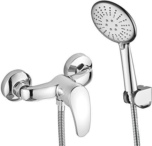 GERUIKE Robinet Douche avec Douchette Support et Flexible - Mitigeur de Douche Monocommande sans Bec, Tuyau Douche Aciers Inoxydables 150cm, Pomme de Douche à 3 Fonctions - Argent Chromé