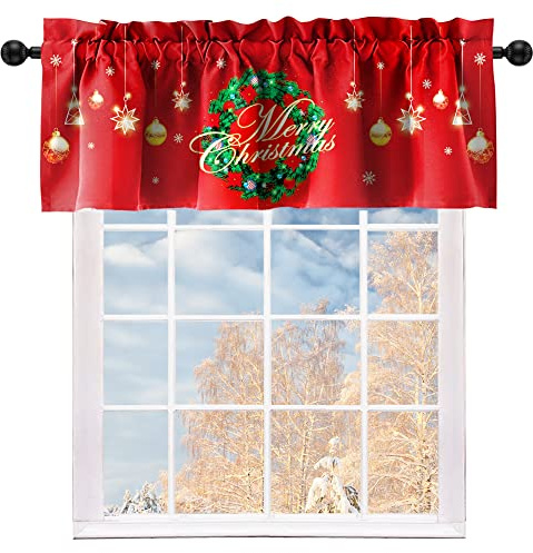 Cuteiush Christmas Valances Wreath Window Short Curtain Valances for Kitchen Bathroom, Rod Pocket Christmas Ornament Ball Small Window Treatment Valances 52x18inch, Red