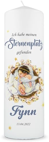 GRAVURZEILE Candela stampata – Candela di lutto per bambini – Personalizzata con nome, data e testo desiderato – Candela per funerale o come ricordo – Candela pilastro di alta qualità 250/80 mm