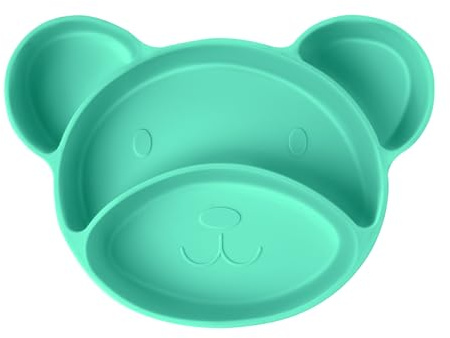 Vicloon Piatto per Bambini in Silicone, Piatto Svezzamento con 4 Aree, Piatto con Ventosa per Bambini, Piastra di Alimentazione per Neonati, Lavabile in Lavastoviglie, Verde Orso