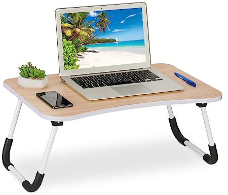Relaxdays Laptoptisch für Bett & Couch, HxBxT: 26 x 63 x 40 cm, klappbarer Betttisch, MDF, Eisen, Notebooktisch, Natur