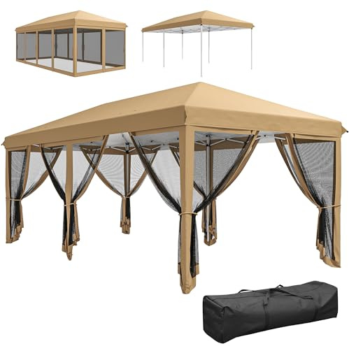 Outsunny Carpa Plegable Pop-Up Gazebo 6x3 m Cenador Plegable con 6 Paredes Laterales de Malla Anti-UV y Bolsa de Transporte para Camping Fiestas Beige