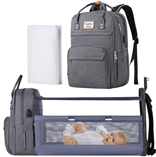 VESERI Wickelrucksack mit Bettfunktion,Wickeltasche Mama Papa Rucksack mit Wickelauflage Kinderwagengurten für Unterwegs,Babytasche,Grau