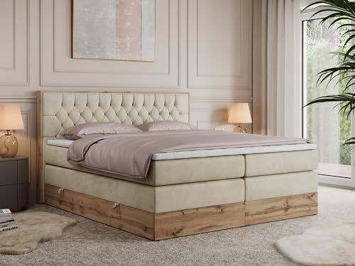 MKS MEBLE King Boxspringbett 200x200 mit Bettkasten und Kopfteil, Bonell Polsterbett mit Matratze H3 und Topper T25, Bett mit Holzrahmen in Wotan Eiche - Beige Velvet - Amore King