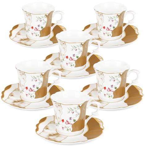 fanquare Flor de Té Tazas y Platos Juegos de 6 Vintage Marrón Mármol Bone China Espresso Taza de café con adornos de oro Mini Elegante Tarde de Té Set de Porcelana Servicio de Té Regalos 80ml