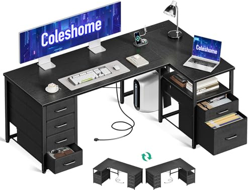 Coleshome Computer Corner Desk with Drawers, 140×70 cm L Shaped Office Desk with Power Outlet, Reversible Study PC Table with Storage for Bedroom, Black