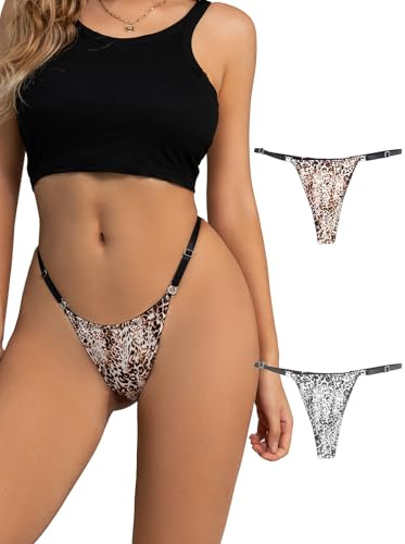 ohmydear String Femme Sexy Chic Tanga Ficelle Mini String Léopard Slip Entrejambe en Coton Bikini String sans Couture sous-Vêtement Lingerie Grandes Taille G-String T-Back Ceinture Réglable
