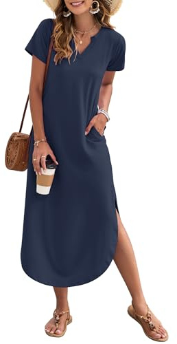 AUSELILY Robe d'été Femme Longue V col Manches Courtes Fluide Style Chemisier Plage Vacance