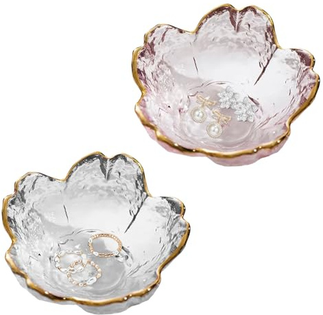 Wrbugukeji 2 Pcs Trinket Dish, Flower Jewellery Dish Glass, Trinket Tray, Flower Jewellery Tray, Small Gifts for Women Wife Mom Daughter (Pink, White)