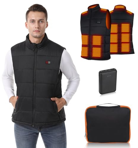 Glifetoy Gilet Chauffant Homme, 15 Zones Chauffantes Veste Chauffante avec Power Bank, Veste Chauffante avec Batterie 12000mAh ＆ 3 Réglages de Température, Gilet Chauffant Homme pour Ski et Randonnée
