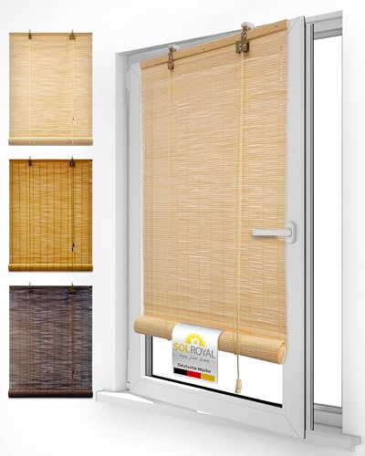 Sol Royal Persianas Enrollables Exterior Bambú 130x160 cm – Cortina Enrollable de Madera Natural para Ventanas o Puertas – Estores Persiana Bambu con Clip de Seguridad sin Taladro – B86 Natural