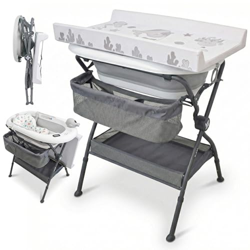 Twinly Bubbly – Bañera Cambiador Plegable para Bebé 2 en 1 – Altura Regulable Ergonómica, Bañera Extraíble para Playa y Viajes, Soporte Estable con Desagüe, Ideal para Baños Pequeños (Gris)