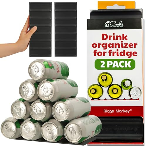 Cooks Innovations Drink Organizer for Fridge, Soda Can Refrigerator Organizers and Storage, Beer-Wine-Water Bottle Holder, Fridge Monkey - Durable Non-Slip&Roll - 2 Pack
