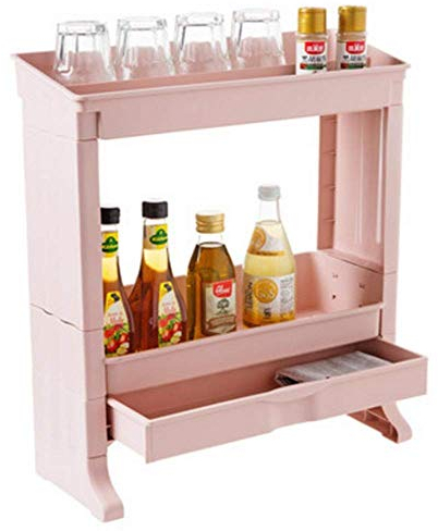GJSN Küchenregal Organizer Rack, Zweischichtiges Gewürzregal Küchenarbeitsplatte Gewürzregal Kunststoff Gewürzregal Gewürz Lagerregal,Rosa