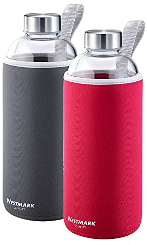 Westmark Trinkflaschen-Set, 2tlg., 2 Trinkflaschen aus Glas mit Aufdruck, inkl. je 1 Schutzhülle, 1000 ml, Glas/Silikon/Kautschuk, BPA-frei, Viva, Rot/Anthrazit/Silber/Klar, 527422E8