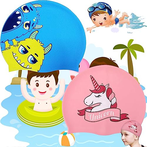 2 Piezas Gorro de Baño de Silicona de Dibujos, Gorros de Natación para Niños, Gorra de Natación para Niños Niñas Nadando, Gorro de Baño Lindo para Niños, Adecuado para Niños Nadando y Bañándose