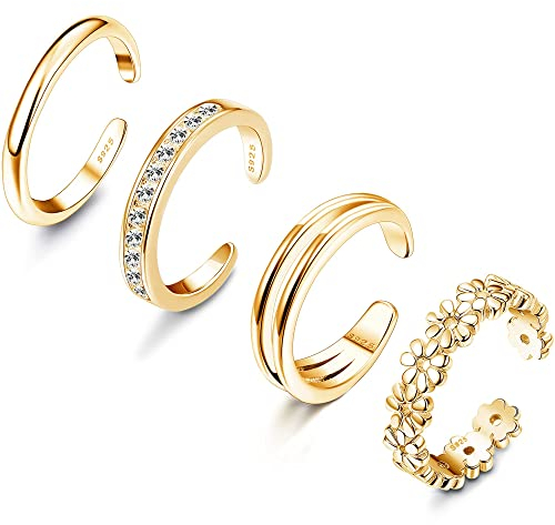LOLIAS 4 Stücke 925 Sterling Silber Zehenringe Set Fingerring Gelenkring für Damen Mädchen Hypoallergen CZ Verstellbare Offene Zehenringe Strand Fußring Schmuck