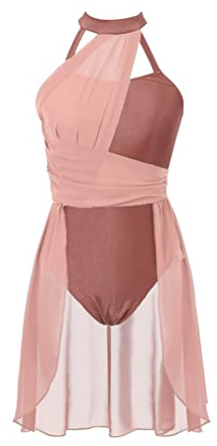 HULIJA Vestido de ballet para mujer, vestido de danza, cuello halter, vestido de patinaje artístico con falda asimétrica de gasa, traje de ballet, maillot moderno y lírico, albaricoque, S