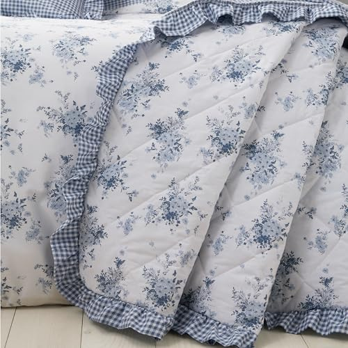 Catherine Lansfield Lucie Floral Frill Fully Reversible 220x230cm Bedspread White Blue