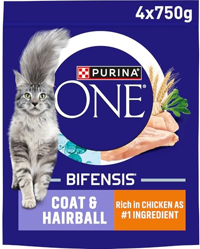 PURINA ONE Coat and Hairball Chicken Dry Cat Food 750g (Pack of 4)