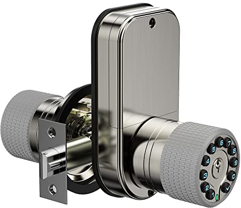 Double Sided Keypad Door Knob with Dual Cylinders and Key Alike, iuknob Keyless Entry Smart Door Lock for Entrance, Fence, Gate, Swimming Pool,Waterproof and Weatherproof for Outdoor & Interior Door.