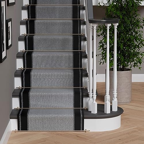 The Rug House Black And Cream Bordered Stair Carpet Flecked Striped Stain Resistant Cut to Measure Runner - Sold and Priced Per Foot 2.3' x 23'