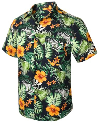 Enlision Hawaii Hemd Herren Kurzarm Grün Funky Blumenhemd Sommer Strand Aloha Bedruckter Hawaiihemden Männer mit Tasche L