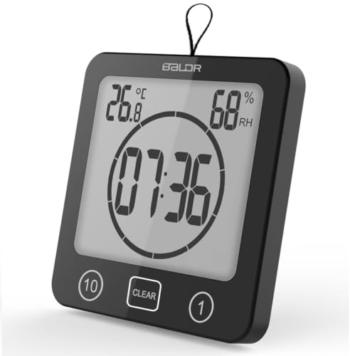 Digital Waterproof Timer Bathroom Clock, Large Display Countdown Shower Timers Temperature Humidity Meter, Small Clock Hygrometer Thermometer for Kitchen Farm Pool, 12/24H, ℃/℉ (Black)