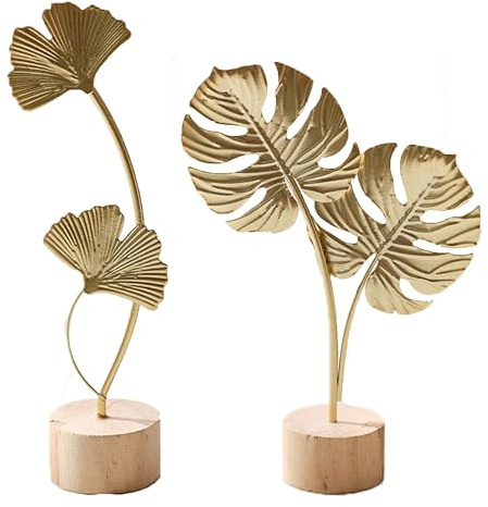 DHER Dekoaufsteller Blume Dekoration Metall Blüte 2 Stück Ginkgoblatt Statue Deko, Kreative Home Crafts Gold Blume Dekorationen, Boho deko Dekorative Esstisch Dekorationen frühlingsdeko (B)