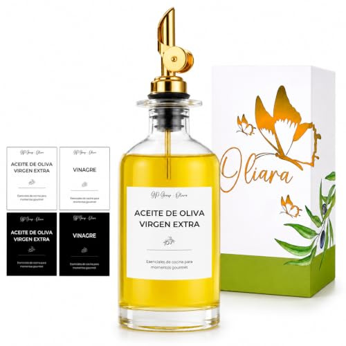 OLIARA Aceitera Cristal Antigoteo (350ml) – Botella Vidrio Grueso con Dosificador Dorado (Gold) – Dispensador Aceite y Vinagre con Set de Etiquetas de Diseño (Blanco/Negro) – Ideal Mesa y Regalo
