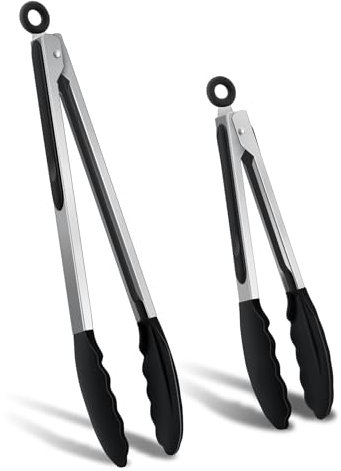 Grillzange, Onader 2 Stück Edelstahl Küchenzange Nudelzange mit Silikonspitze, 33,5cm & 26,5 cm Fleischzange kochzange zum Kochen, Grillen, Hitzebeständige & Spülmaschinenfest - Schwarz