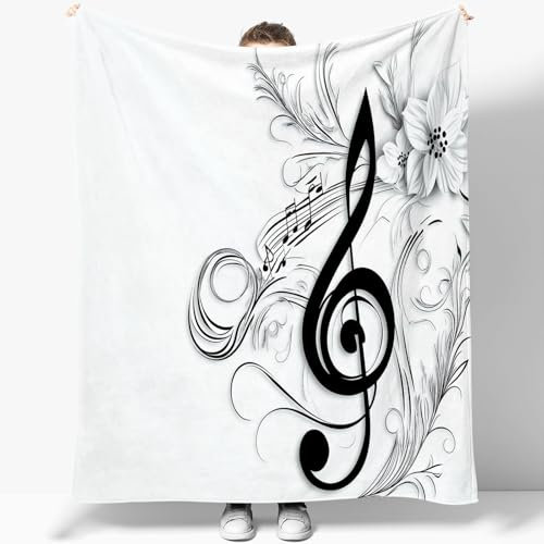 Kuscheldecke 200 x 220 cm für Erwachsene Kinder Einfach Blumen Musiknoten Muster Warm Weich Decke für Couch und Bett Weiß Bedruckte Flanell woll Kuscheldecke