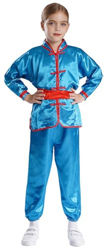 Xnihocha Unisex Kinder Satin Kung Fu Anzug Langarm Oberteile mit Hosen Traditionell Tai Chi Uniform Sportbekleidung Himmelblau 146-152