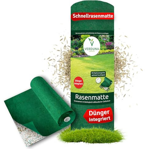 VERDUNA Biologisch abbaubare Rasenmatte mit integriertem Dünger und Hydronanogel, Rasenrolle, Grasrolle, Rasenvlies, Rasen Saatgut, Dünger, Rollrasen, 10m²