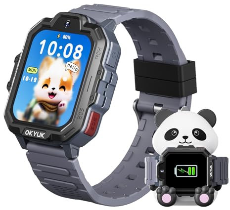 OKYUK T17 Smartwatch Kinder, 4G Kinder Smartwatch mit GPS & Videoanruf, SOS Notruf, Sprachchat, SMS, Schulmodus,Spiele & Panda-Ladestation, Kinderuhr für Mädchen und Junge (Grau)