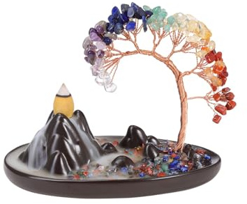 JSDDE Brûleur d'Encens Cascade avec Arbre de Vie en Pierres Naturelles Porte Encens Cône à Refoulement 7 Chakra Arbre de Cristal Porte Bonheur Ornement Decoratif Zen Montagne Artificielle Guérison