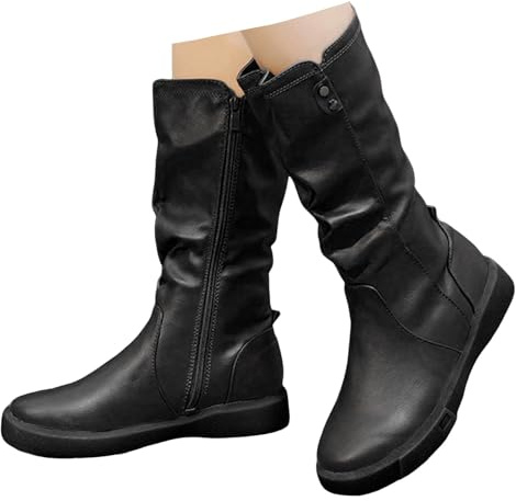 Xbemkste Bottes pour femme - Demi-tige plate avec fermeture éclair - Bout rond - En cuir - Bottes western moyennes - Doublure thermique - Confortables, Noir , 38.5 EU