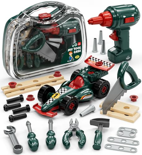 Lehoo Castle Cassetta Attrezzi Bambini con Trapano Giocattolo ＆ Auto da Corsa Giocattolo per Bambini, Regalo di Ruolo Montessori da 3 4 5 6 Anni Ragazzi Ragazze