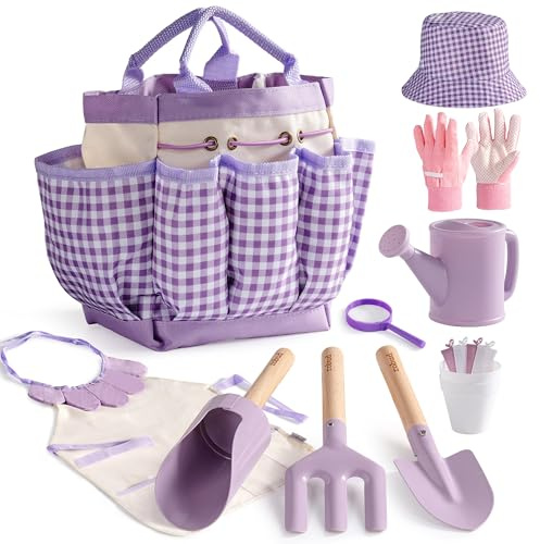 ROBUD Set da giardinaggio per bambini, 17 pezzi, con annaffiatoio per bambini, grembiule, forchetta e pala da giardino, paletta cilindrica, guanti da giardinaggio e borsa tote, giocattoli da giardino